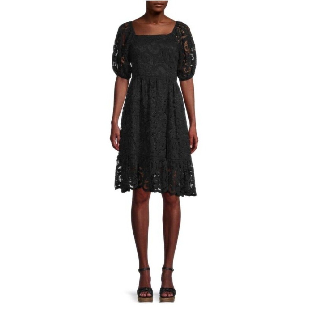 Nanette Lepore Black Lace Dress Knee Length W Puff Sleeve A-Line 10 NWT